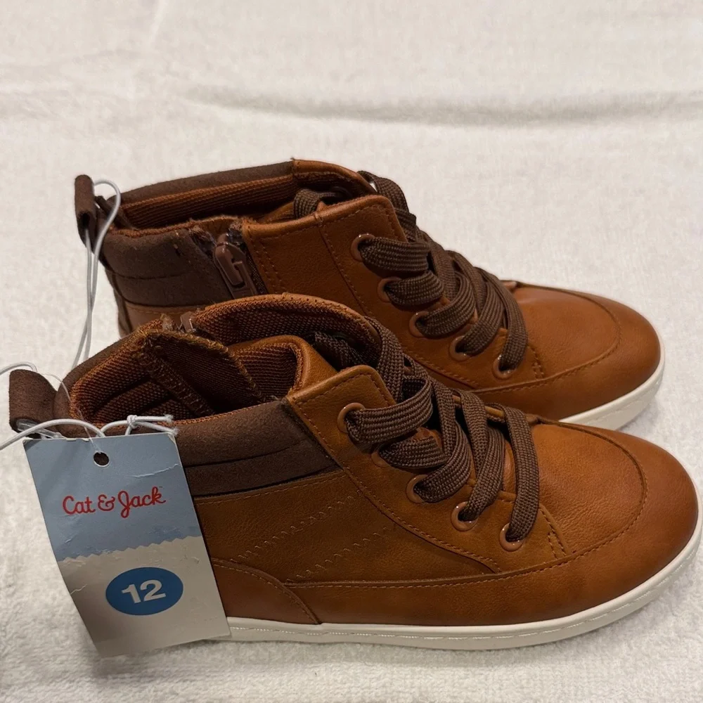 Cat & Jack Kids’ Brown High-Top Sneakers with White Sole.